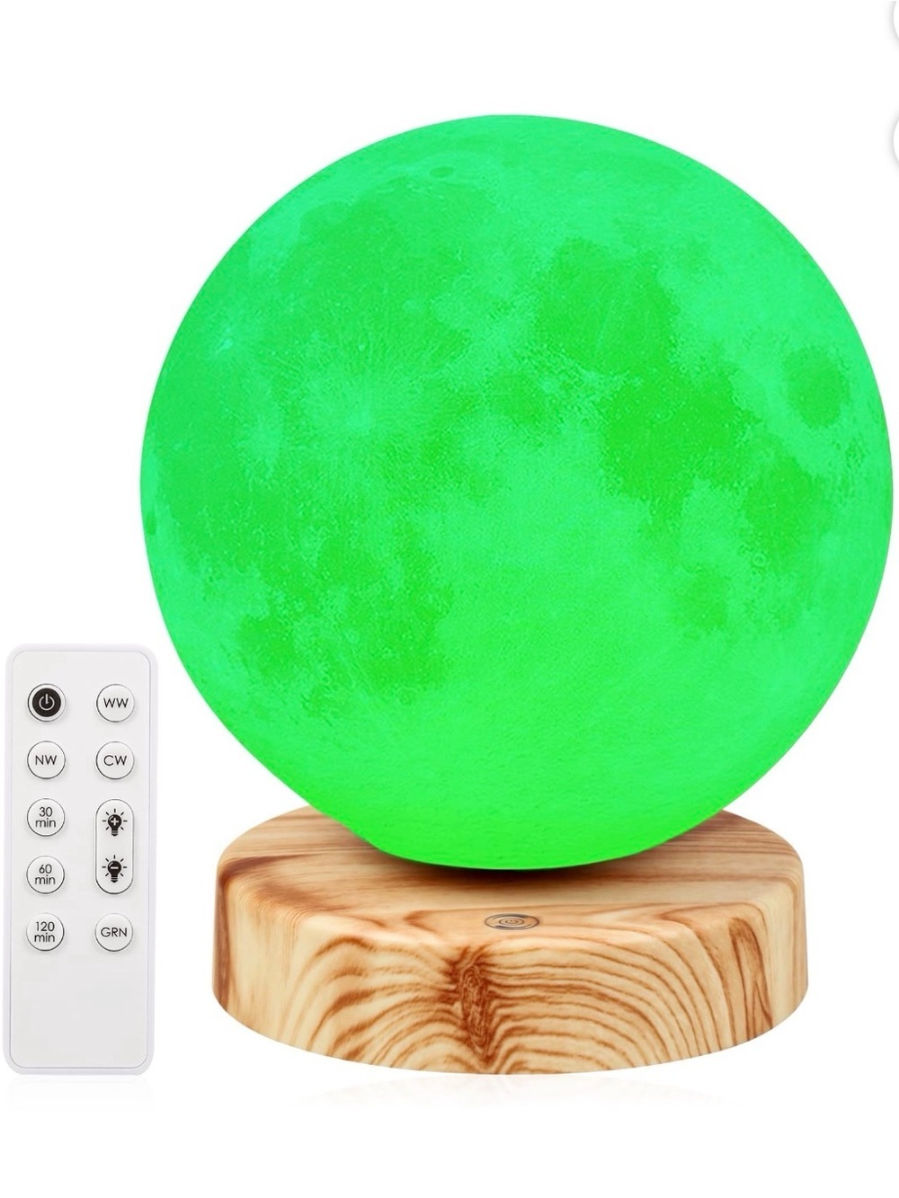 Green Light Moon Lamp on Wood Base with Remote -migraines, anxiety, insomnia